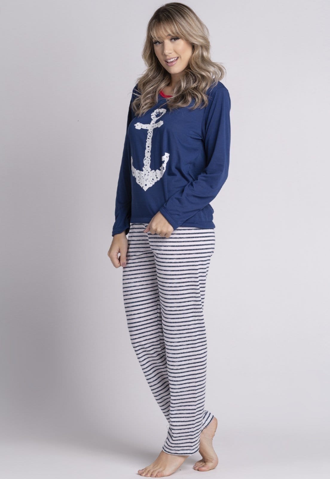 Vista 2 Pijama Feminino WLS Modas Inverno Manga Longa Calça Âncora WLS Modas azul marinho