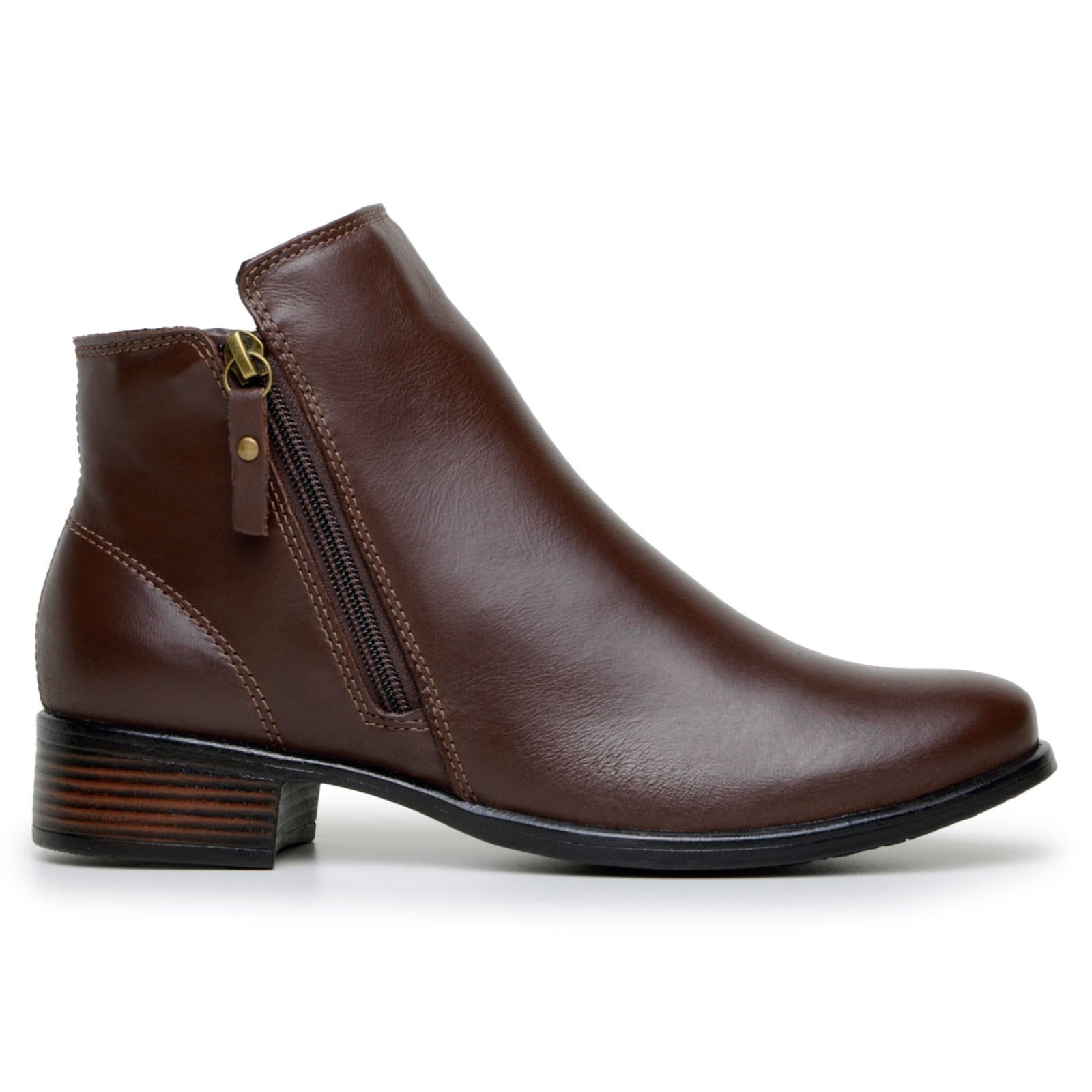 Vista principal Bota Snikgreen Botinha Couro Legitimo Marrom Cano Curto Salto Baixo Confortável Snikgreen café