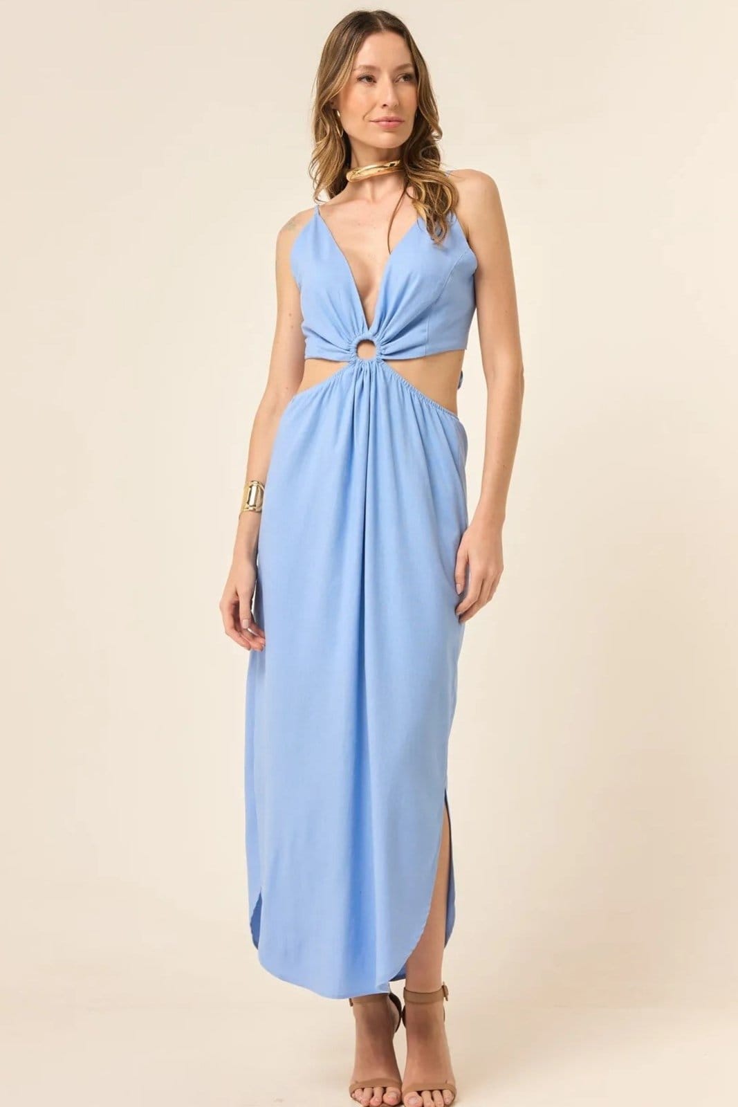 Vestido Midi Em Linho Com Abertura Nas Costas Bel Serenity