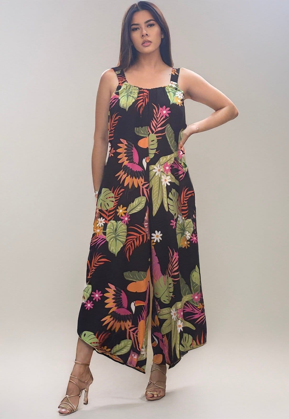 Vista 2 Macacão Amazonia Vital Saruel Viscose Alça com Elástico Estampa Noite Botânica Amazonia Vital estampado/laranja/rosa/verde