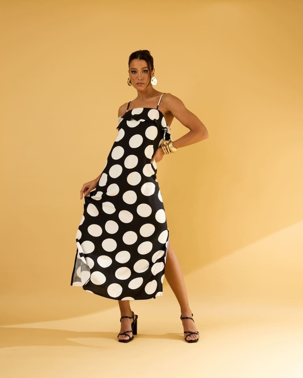 Vestido Poá Feminino Midi Com Alça Casual Lemier Collection