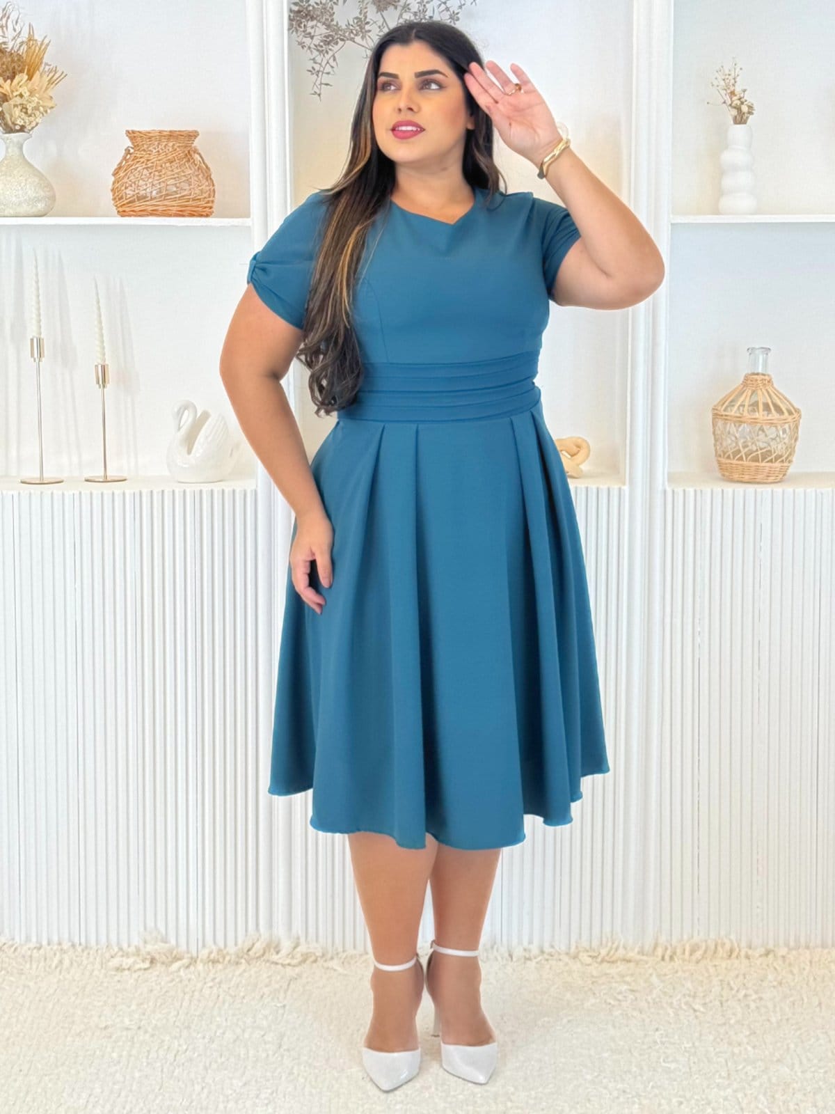 Vestido Elegante Midi Alfaiataria Liso Festa Convidada Evangélica Azul petróleo