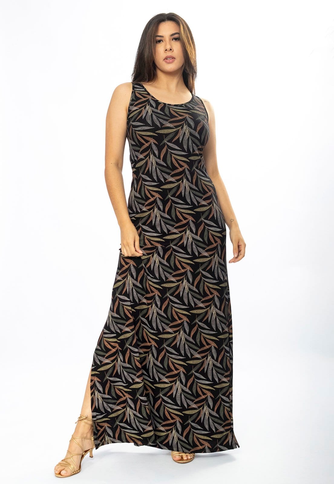 Vista 2 Vestido Longo Cabanafree Butiá Malha Regata Estampa Folhagem Cabanafree estampado/marrom/off-white