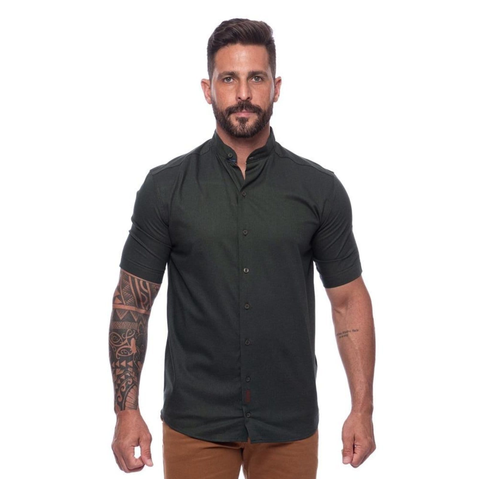 Vista principal Camisa Masculina Linho Manga Curta Gola Padre Lisa Casual Azul Claro G Verde TEODORO CAMISARIA verde azul