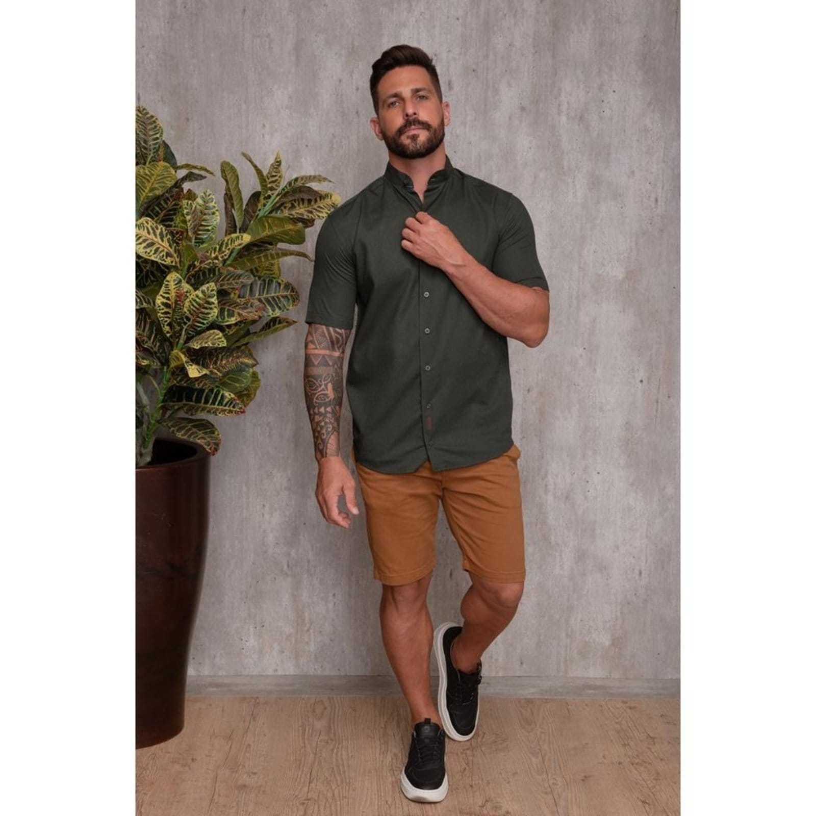 Camisa Masculina Linho Manga Curta Gola Padre Lisa Casual Azul Claro G Verde - 2