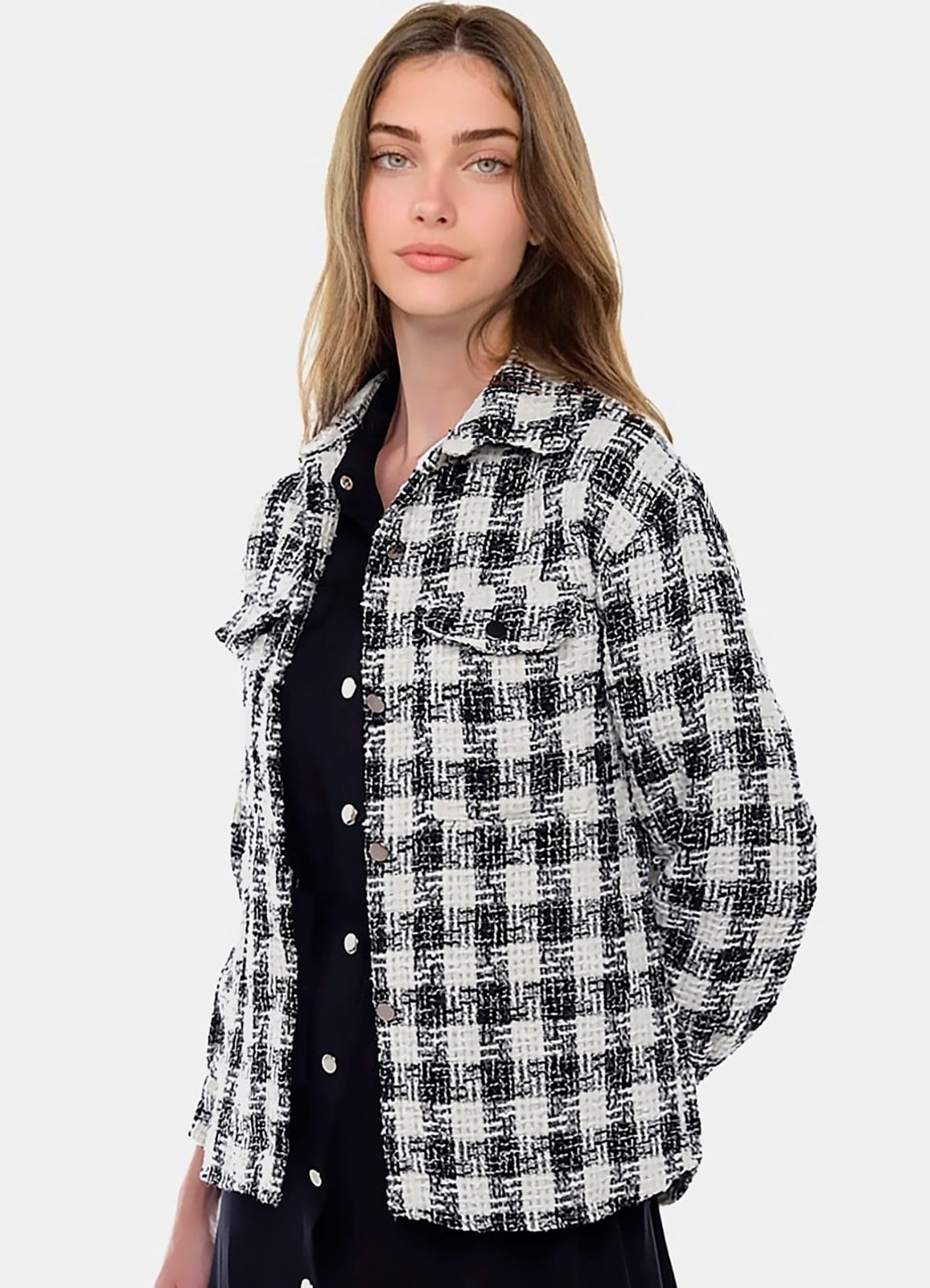 Vista principal Jaqueta Xadrez Preta Feminina de Lã Tweed com Bolsos SOB preto