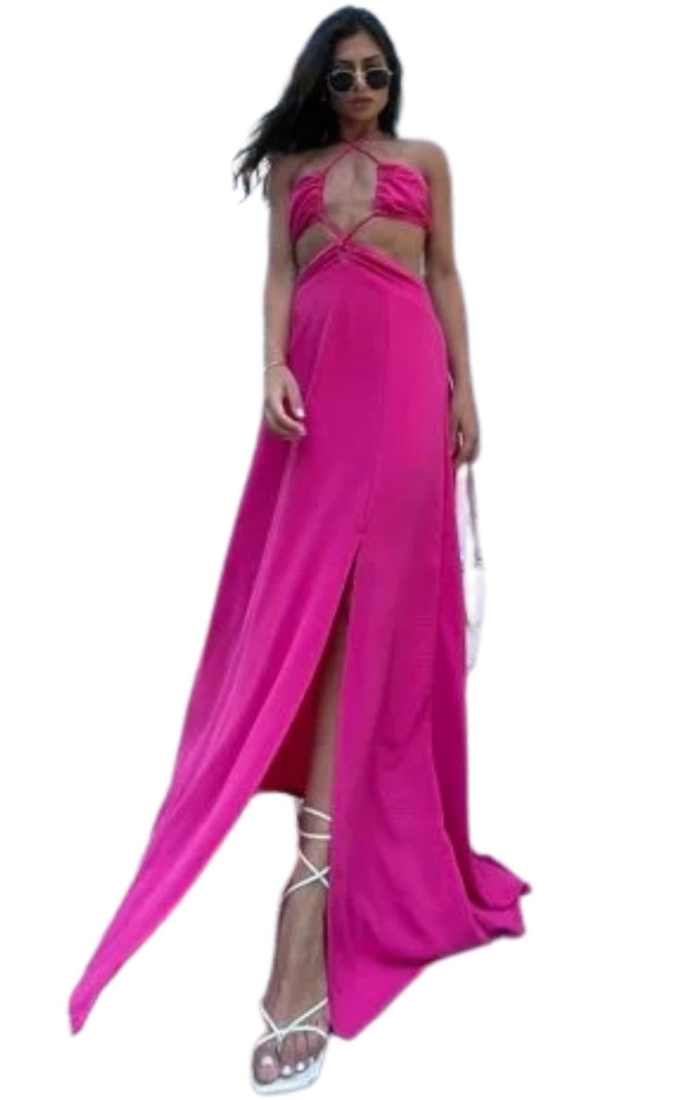 Vista 2 Vestido Longo Recortes Cut Out Viscose Fiorelly Cia do Vestido rosa