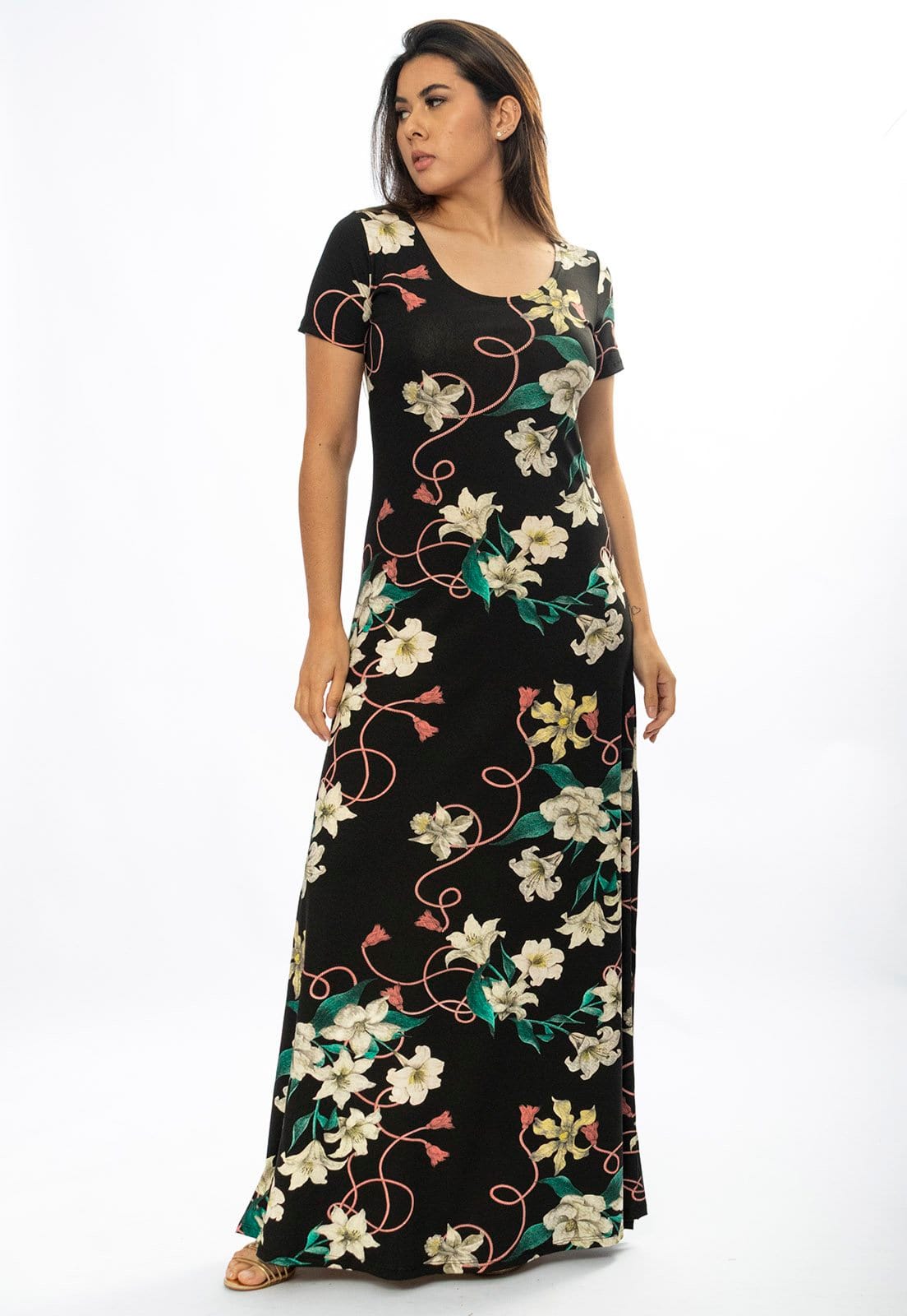 Vista 2 Vestido Longo Cabanafree Malha Gola Canoa Manga Curta Estampa Flores Ébano Cabanafree amarelo/branco/estampado/verde