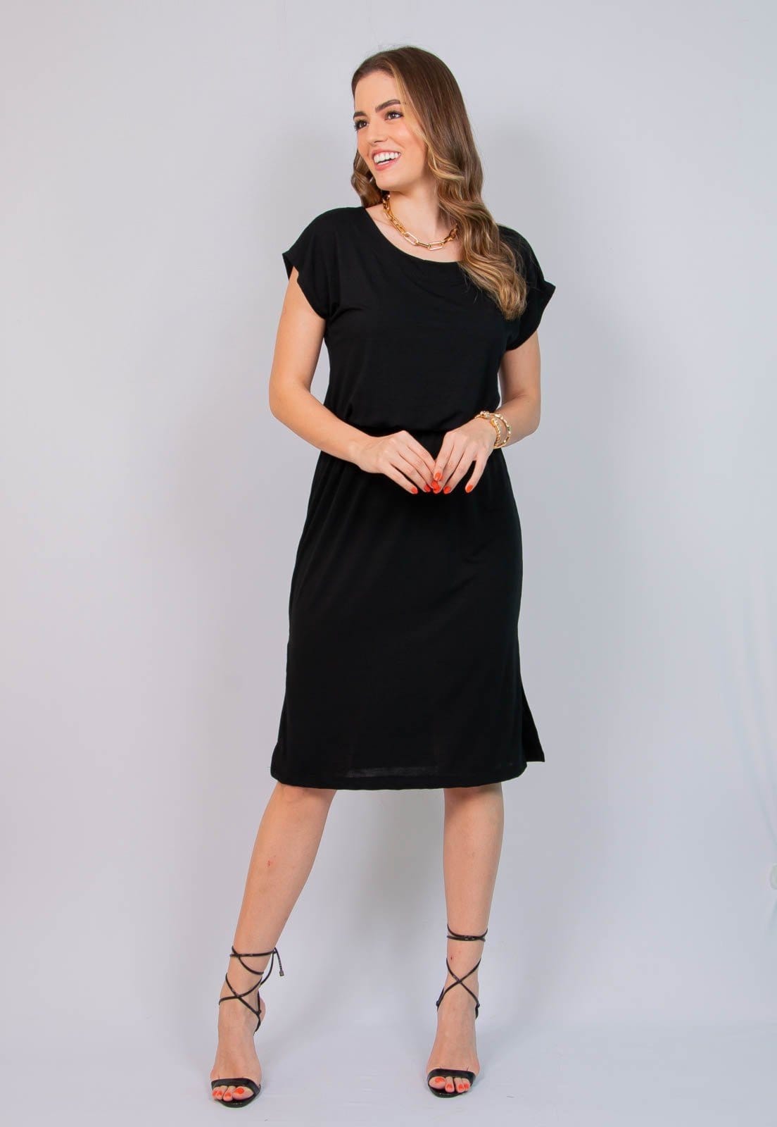 Vista principal Vestido Maria Paes Midi de Manga Maria Paes preto