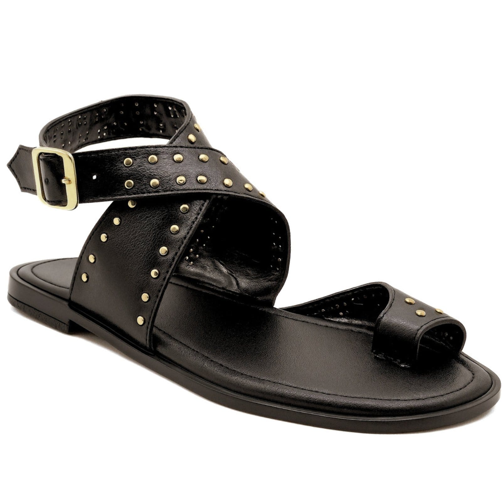 Sandália Rasteira Feminina Tiras Largas Com Detalhes Em Tachas Estilosa Boho Preta 300