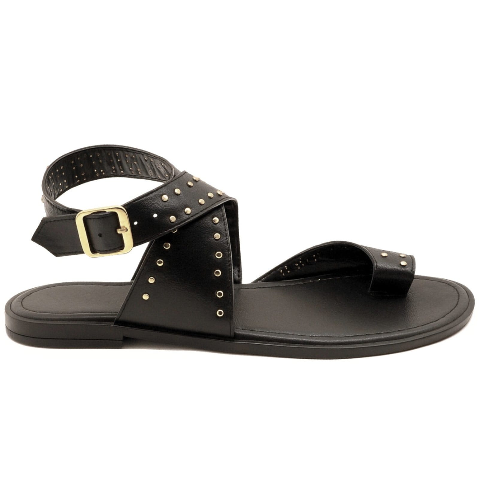 Vista 2 Sandália Rasteira Feminina Tiras Largas Com Detalhes Em Tachas Estilosa Boho Preta 300 Flor da Pele preto