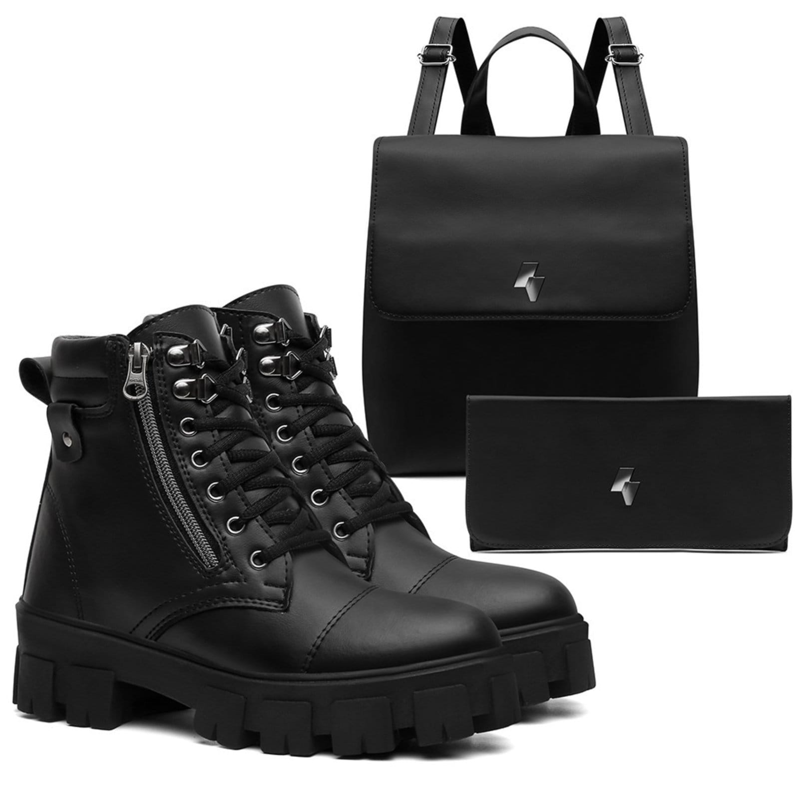 Kit Bota Feminina Cano Curto Anna Andrade Coturno Tratorado Militar Casual Bolsa e Carteira