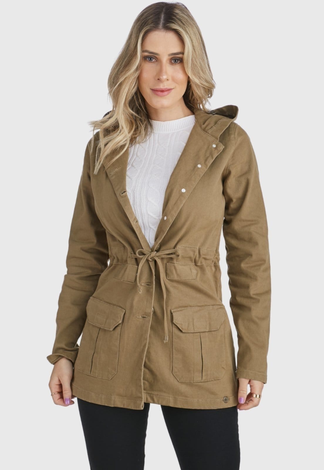 Jaqueta Jeans HNO Jeans Parka Premium Com Capuz Caqui