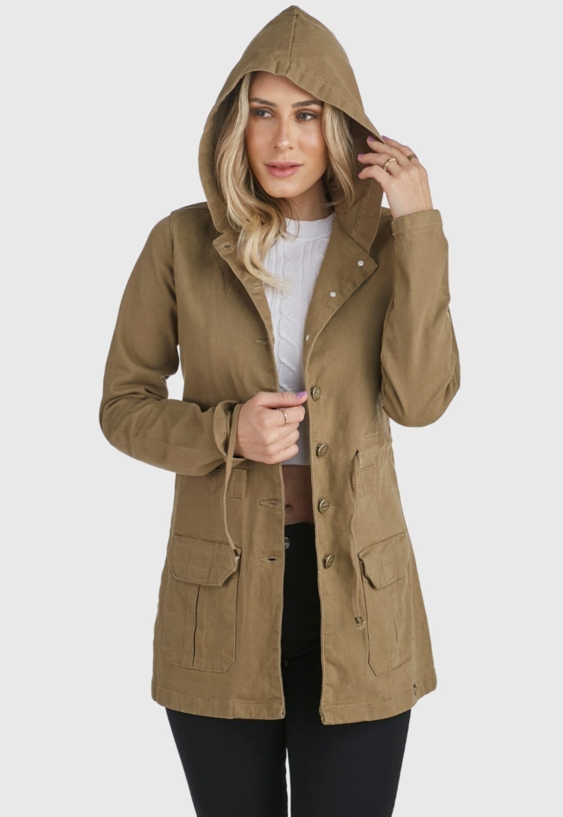 Jaqueta Jeans HNO Jeans Parka Premium Com Capuz Caqui - 2