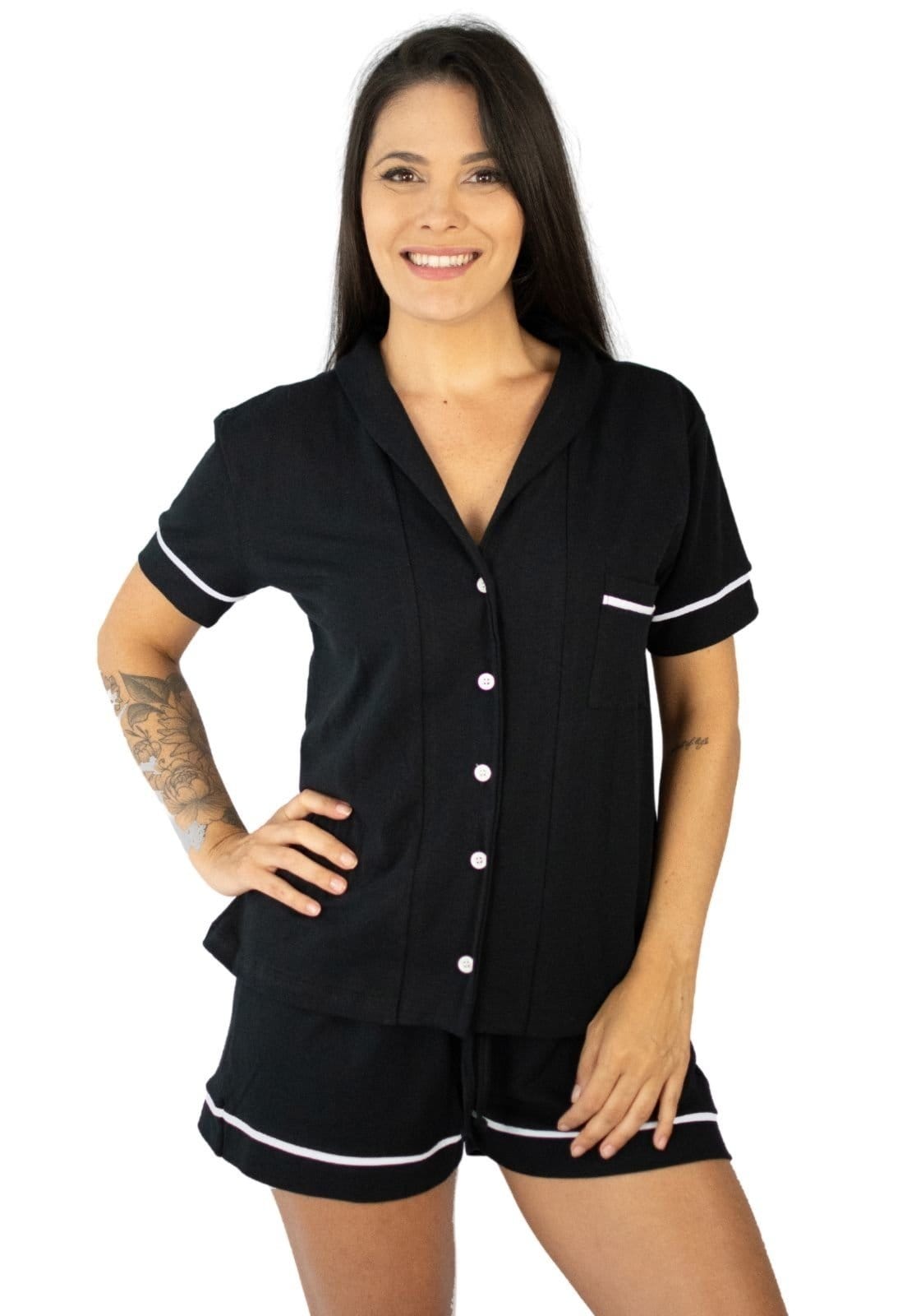 Pijama Algodão Americano Feminino Curto Manga Curta com Botão Botões Verão Adulto indicado Gestante Amamentação e Pós cirúgico - .