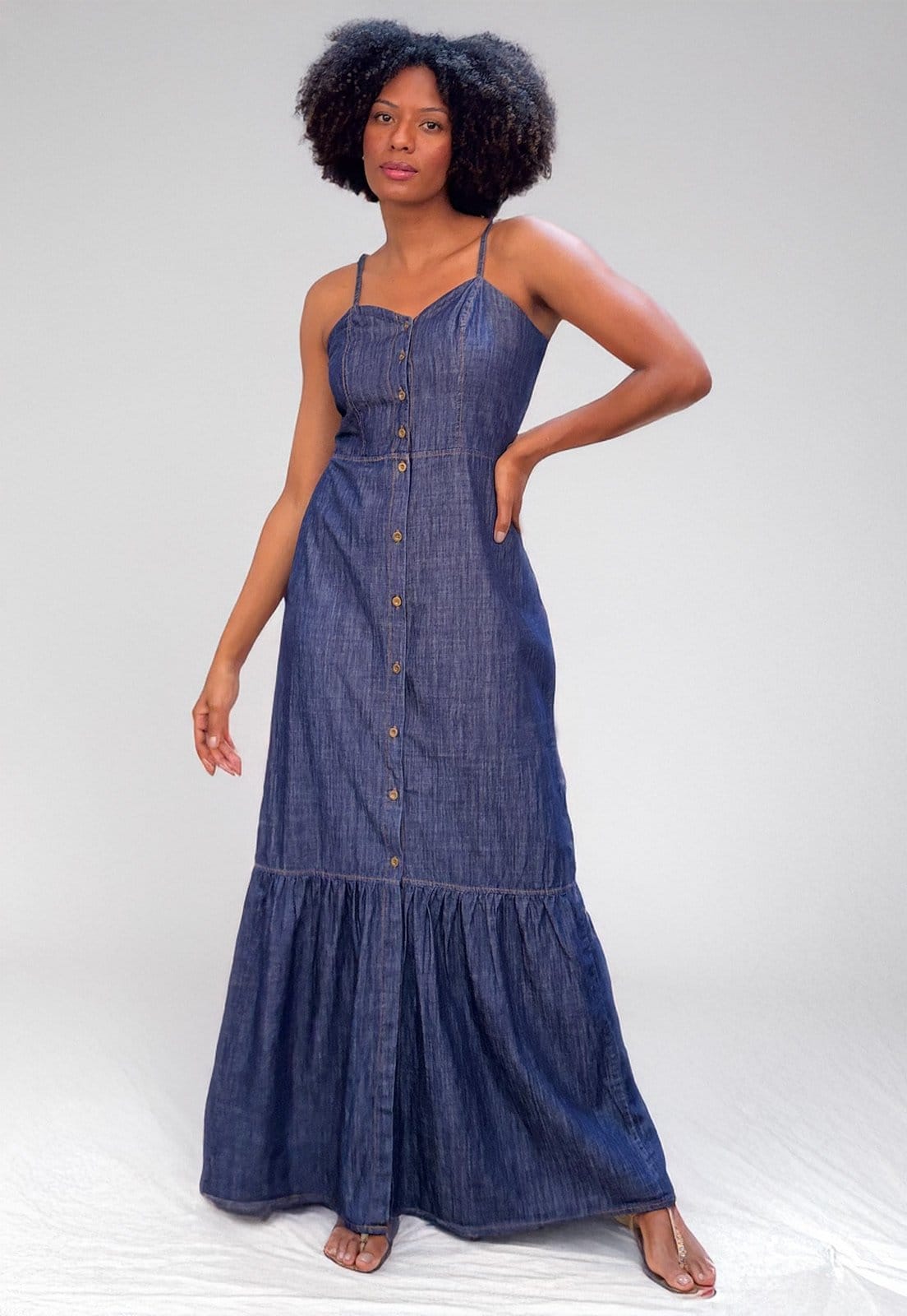 Vista 2 Vestido Cabanafree longo Jeans Bottons Cabanafree azul