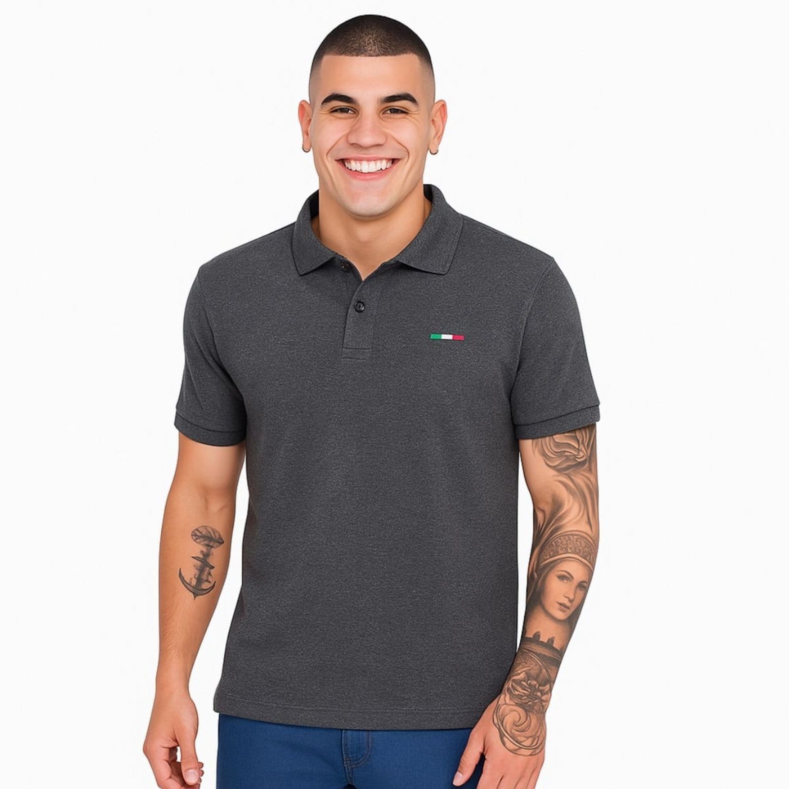 Camisa Polo Vih Triny Masculina Básica Industrie Piquet no Estilo Tommy Bordado Itália Chumbo