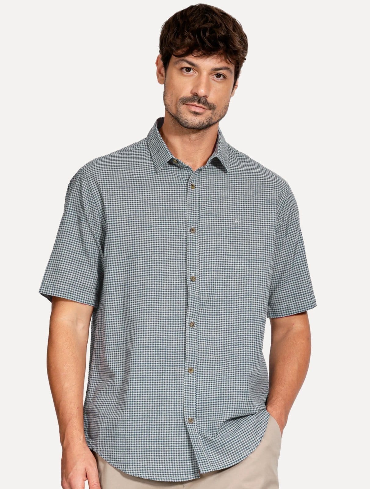 Vista principal Camisa Aramis Masculina Manga Curta Regular Mini Cinza Aramis xadrez azul