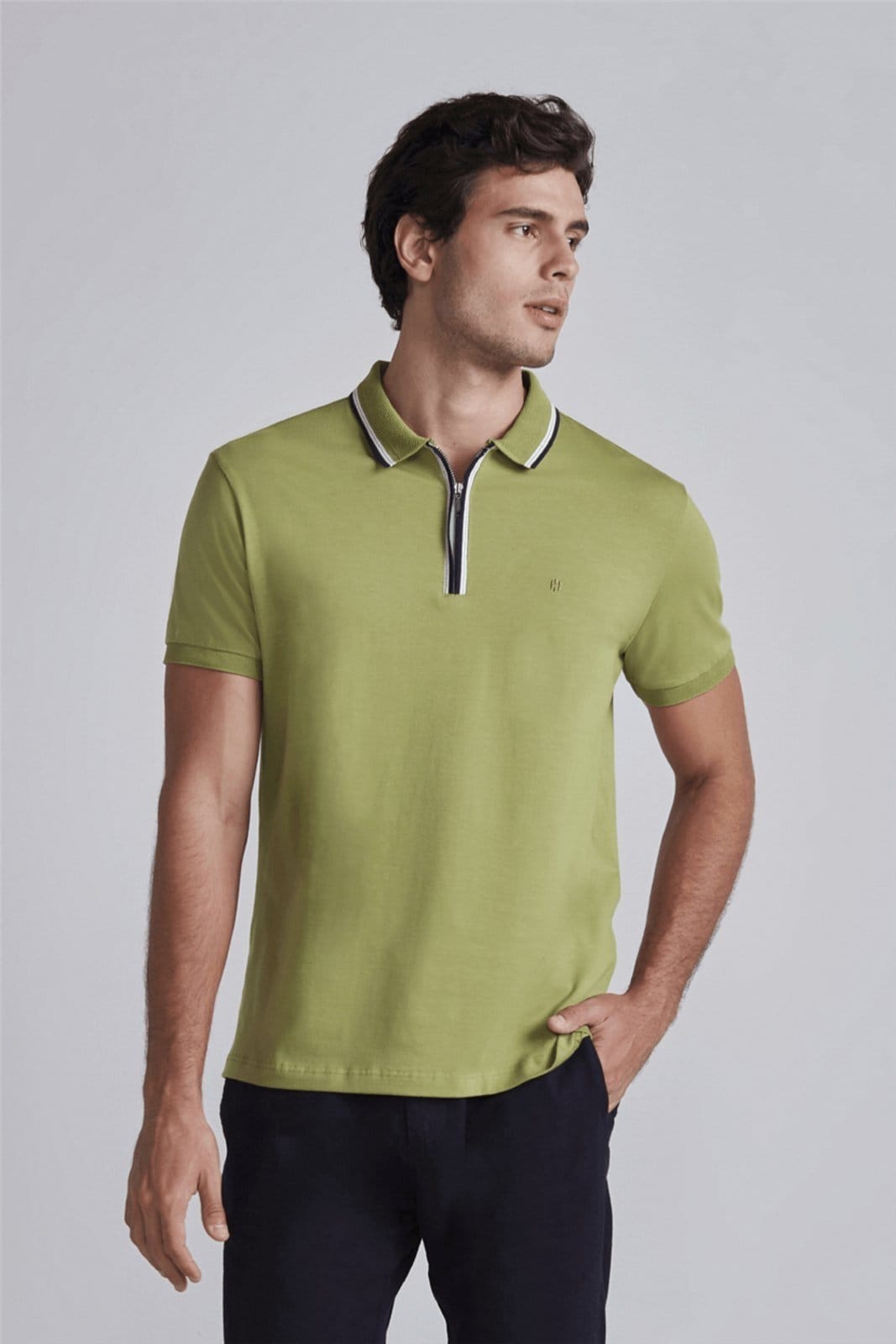 HIGHSTIL Camisa Polo com Zíper Malha Slim Fit Azeite