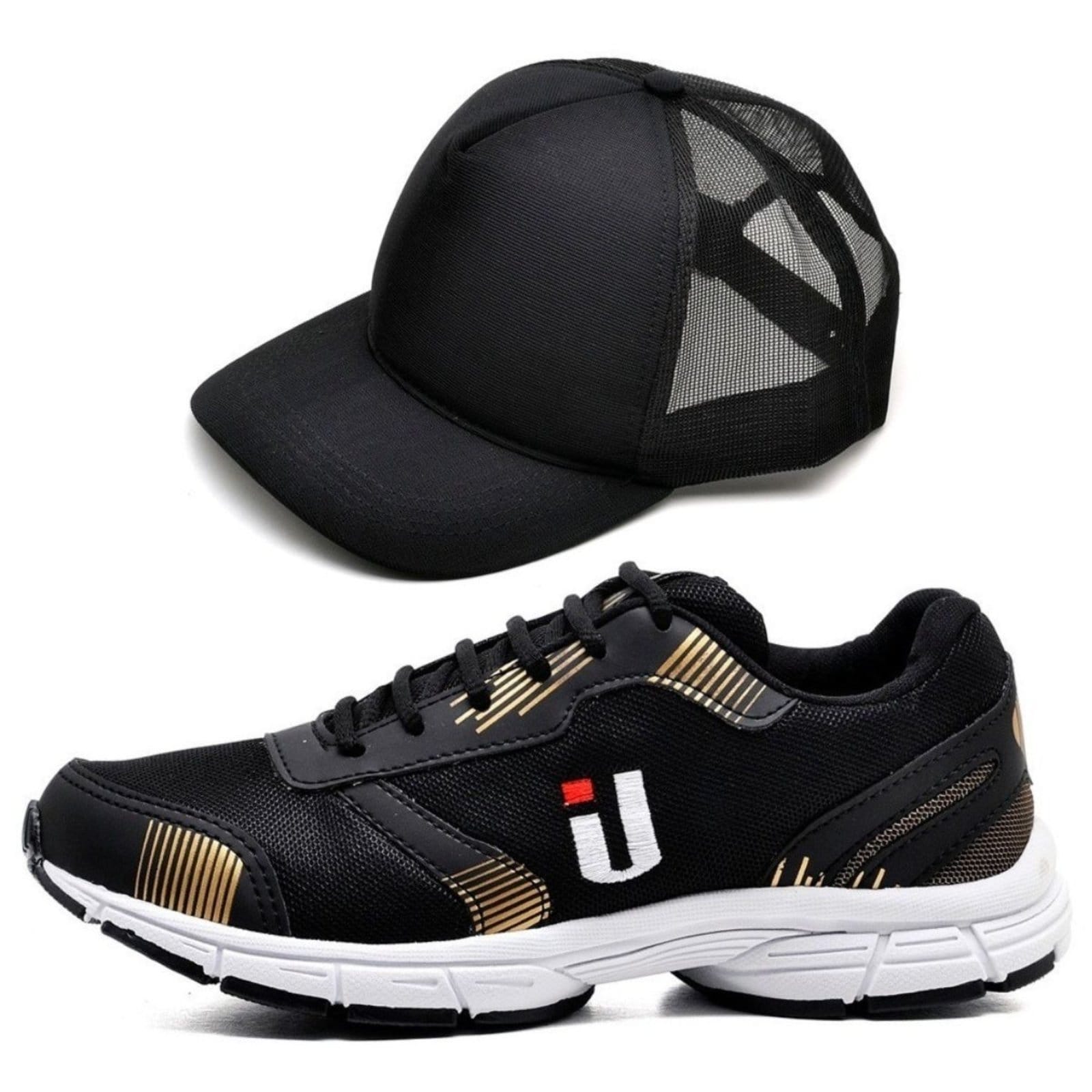 Vista principal Tênis Casual Masculino Academia Corrida Leve Super Resistente Lançamento com Mais Boné Promoção OUSY SHOES dourado/preto