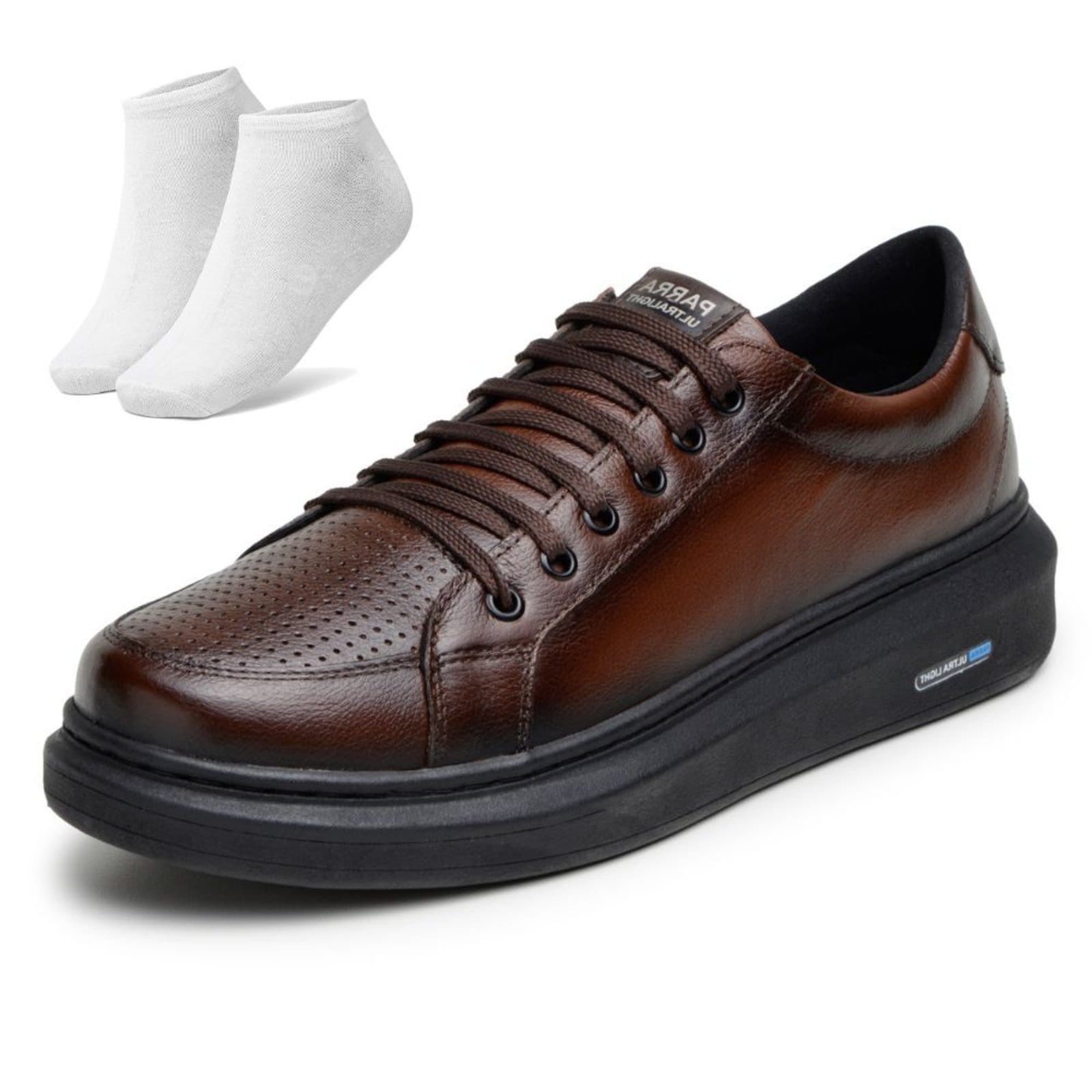 Kit Tênis Sapatenis Bia Ramos com Cadarço Confortavel em Couro Masculino Pinhão + Meia