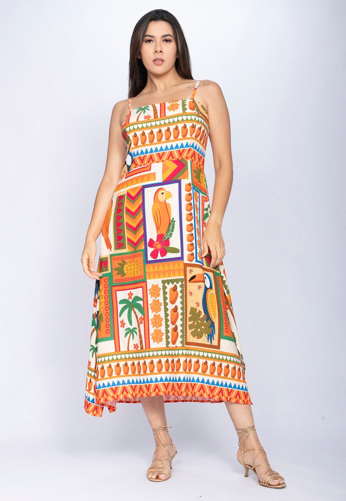 Vestido Midi Amazônia Vital Alça Fina Estampa Viva Amazônia