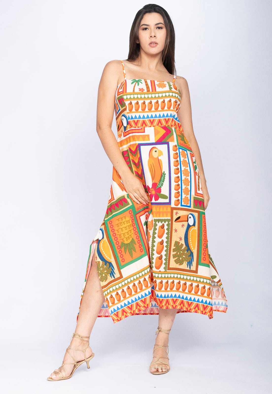 Vista 2 Vestido Midi Amazônia Vital Alça Fina Estampa Viva Amazônia Amazonia Vital estampado/laranja/verde/vermelho