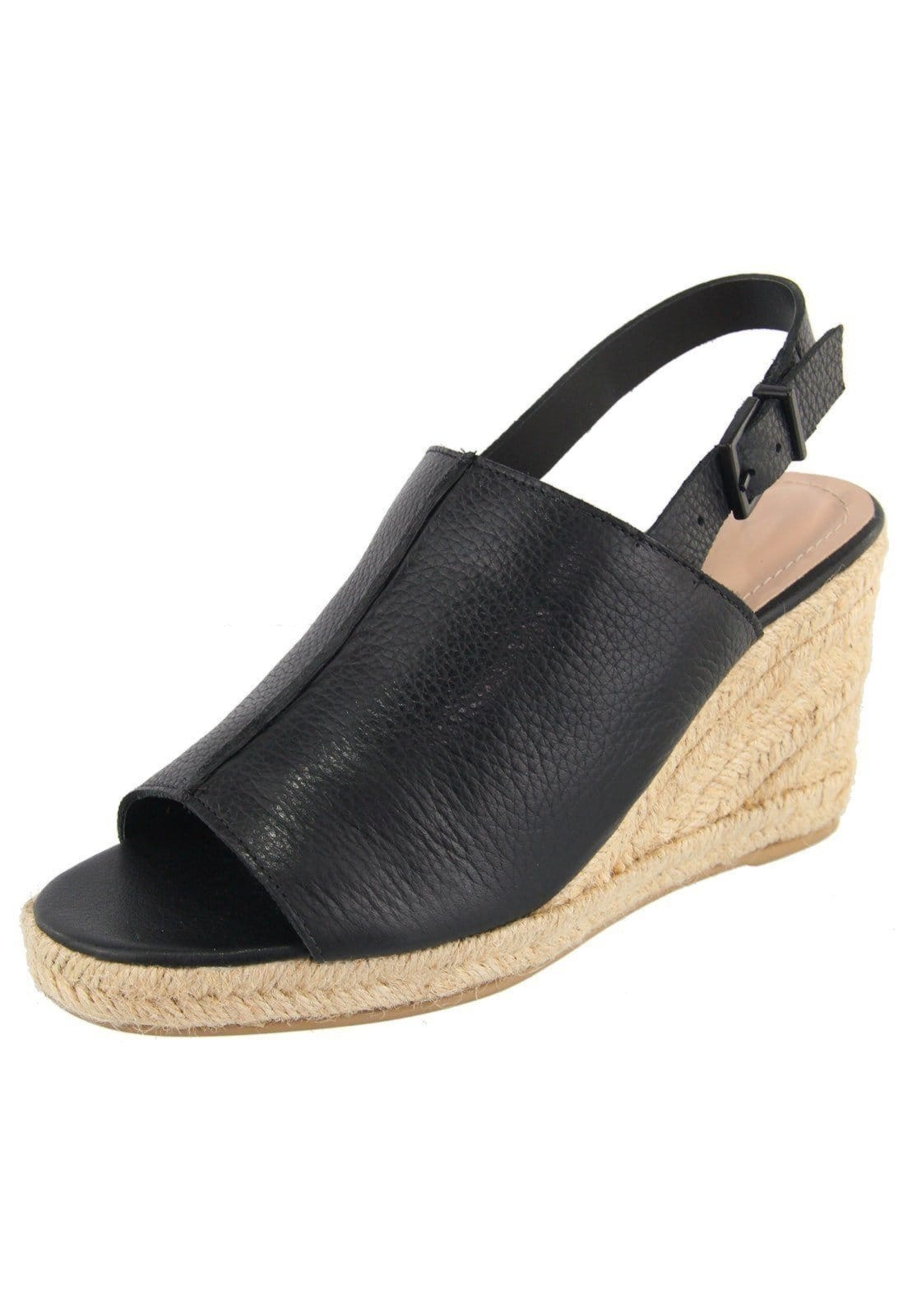 Sandália Em Couro Anabela Maria Paula Fechada Largas Cordas Preta