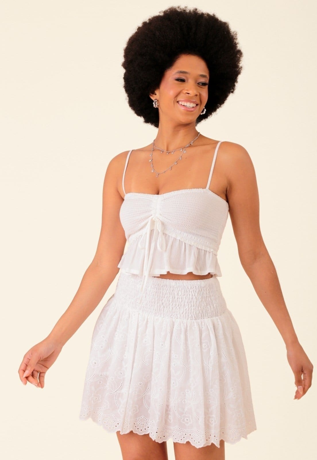 Vista principal Saia Curta Pop Me Em Laise Cós Com Elastex Branca Pop Me off-white