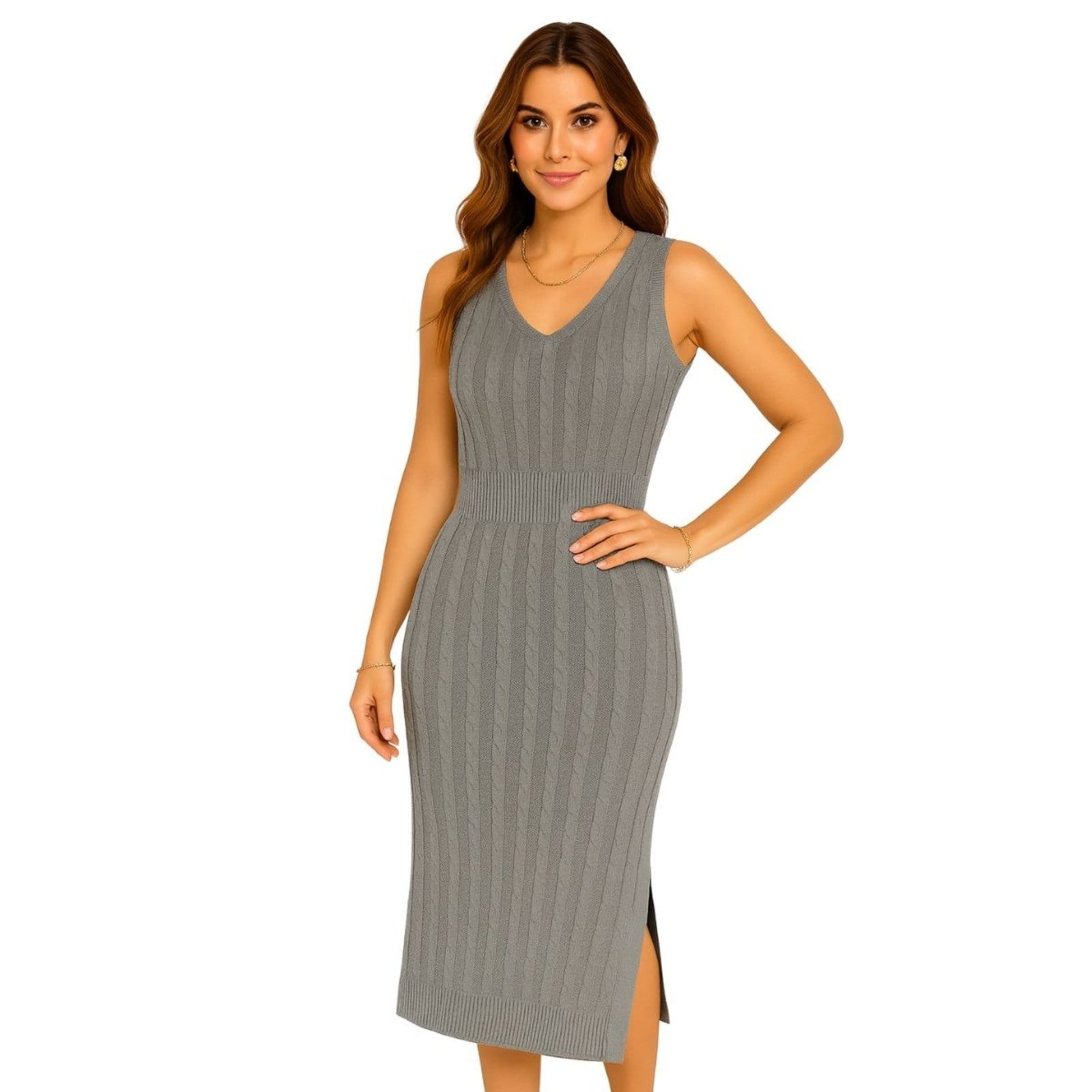 Vestido Vih Triny Midi Tricô Feminino com Detalhe de Tranças e Abertura Lateral Premium Chumbo