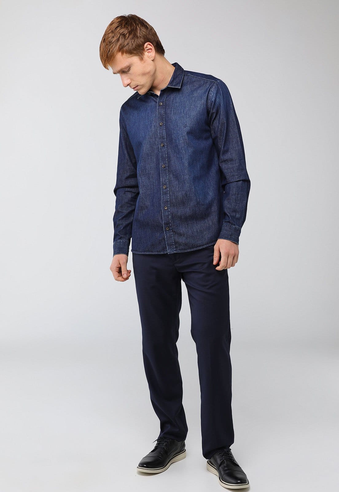 Vista 2 Camisa Masculina Dudalina Slim Jeans Escura Dudalina azul