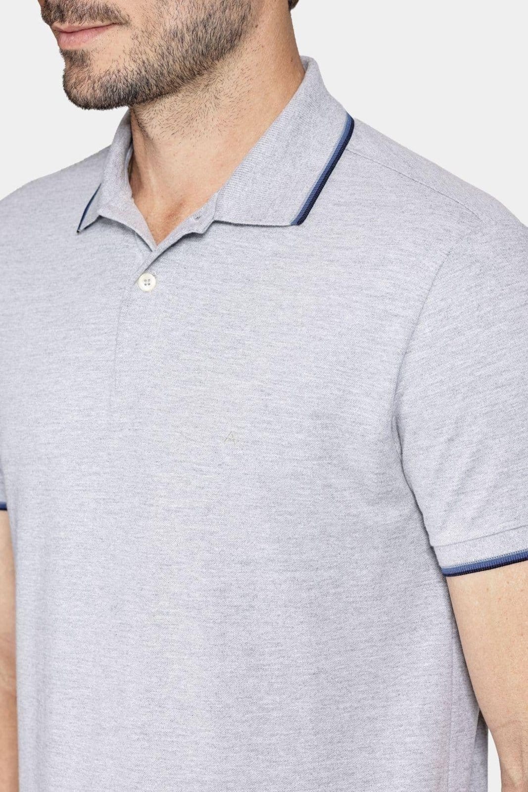 Polo Aramis Básica 4 Frisos Cinza Mescla Com Navy