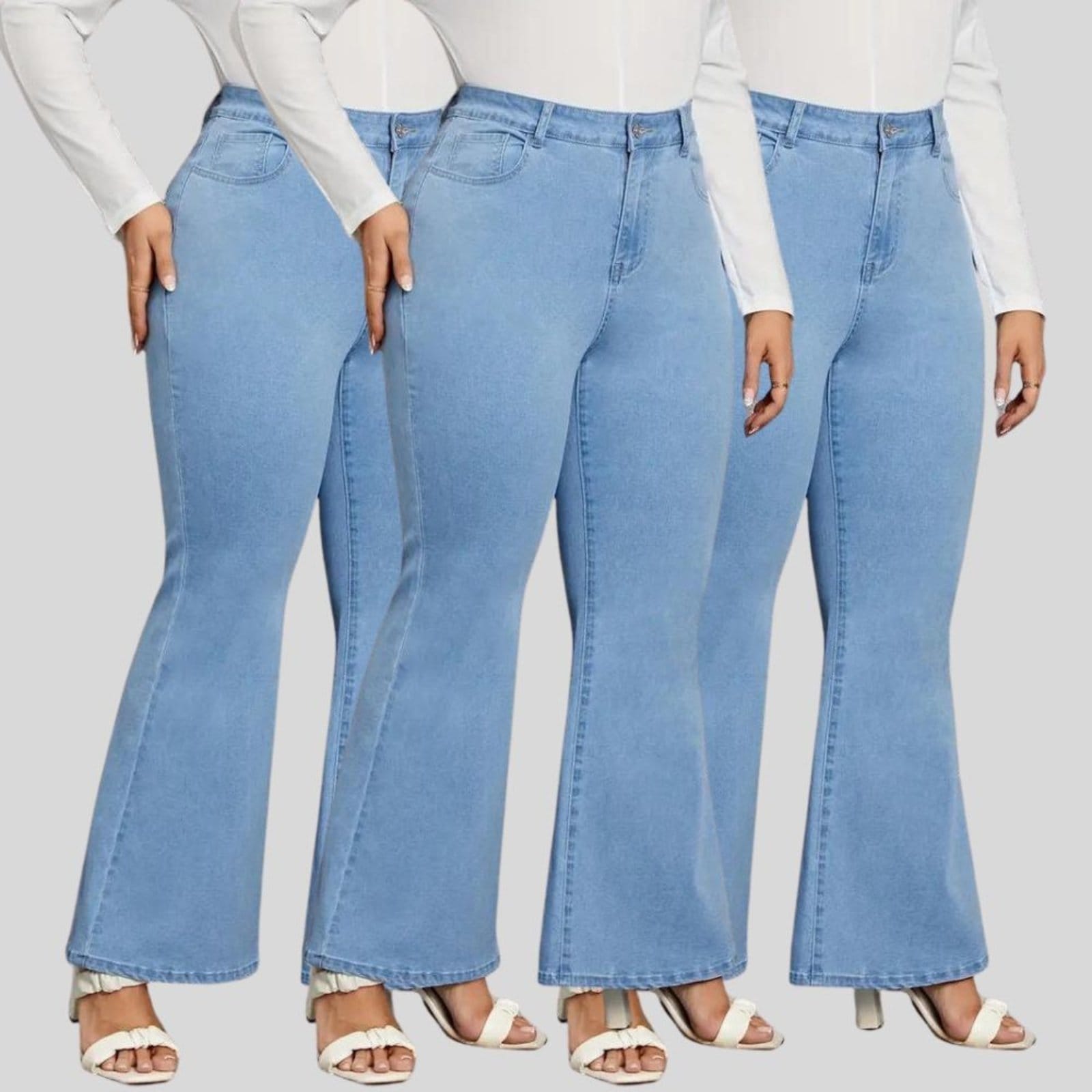 Kit 3 Calça Flare Plus Size Feminina Tex Jeans Boca de Sino Cintura Alta Modeladora com Elastano Claro