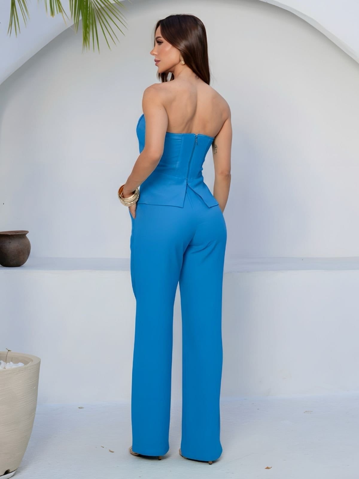 Vista 2 Conjunto Longo Feminino Divina Gata Blusa Tomara que Caia e Calça Pantalona ALGARVA DIVINA GATA azul