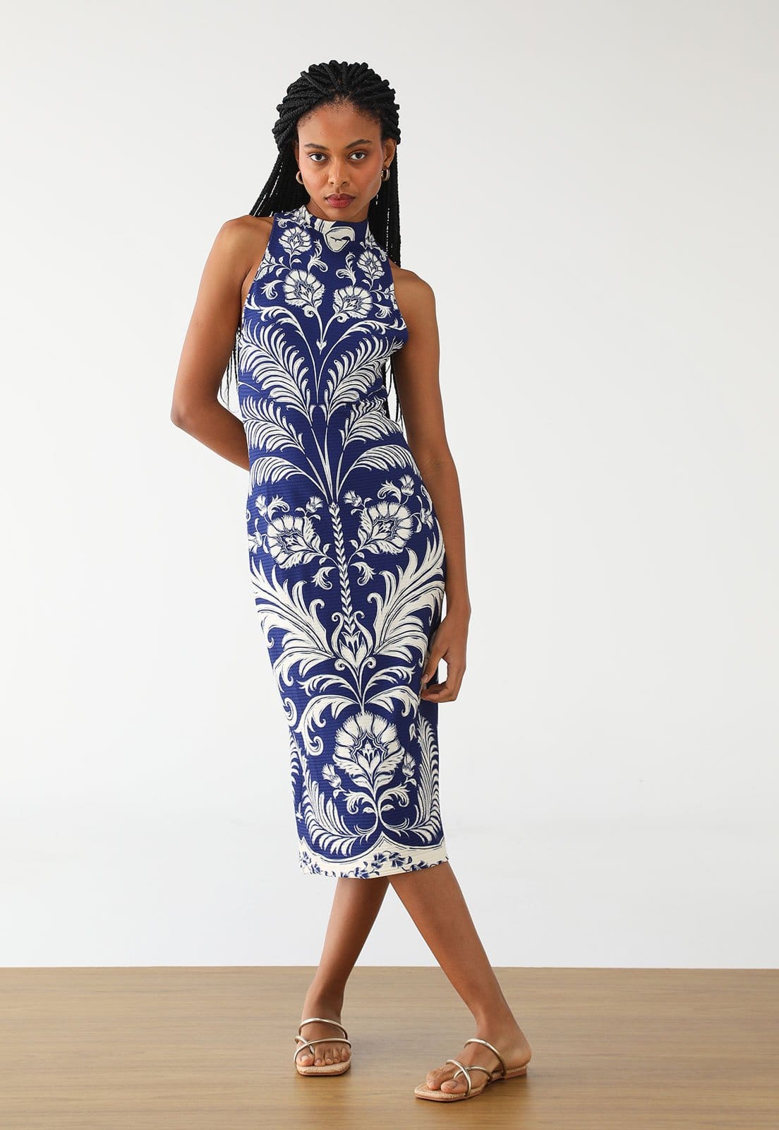 Vista principal Vestido Canelado FARM Midi Santorini FARM azul