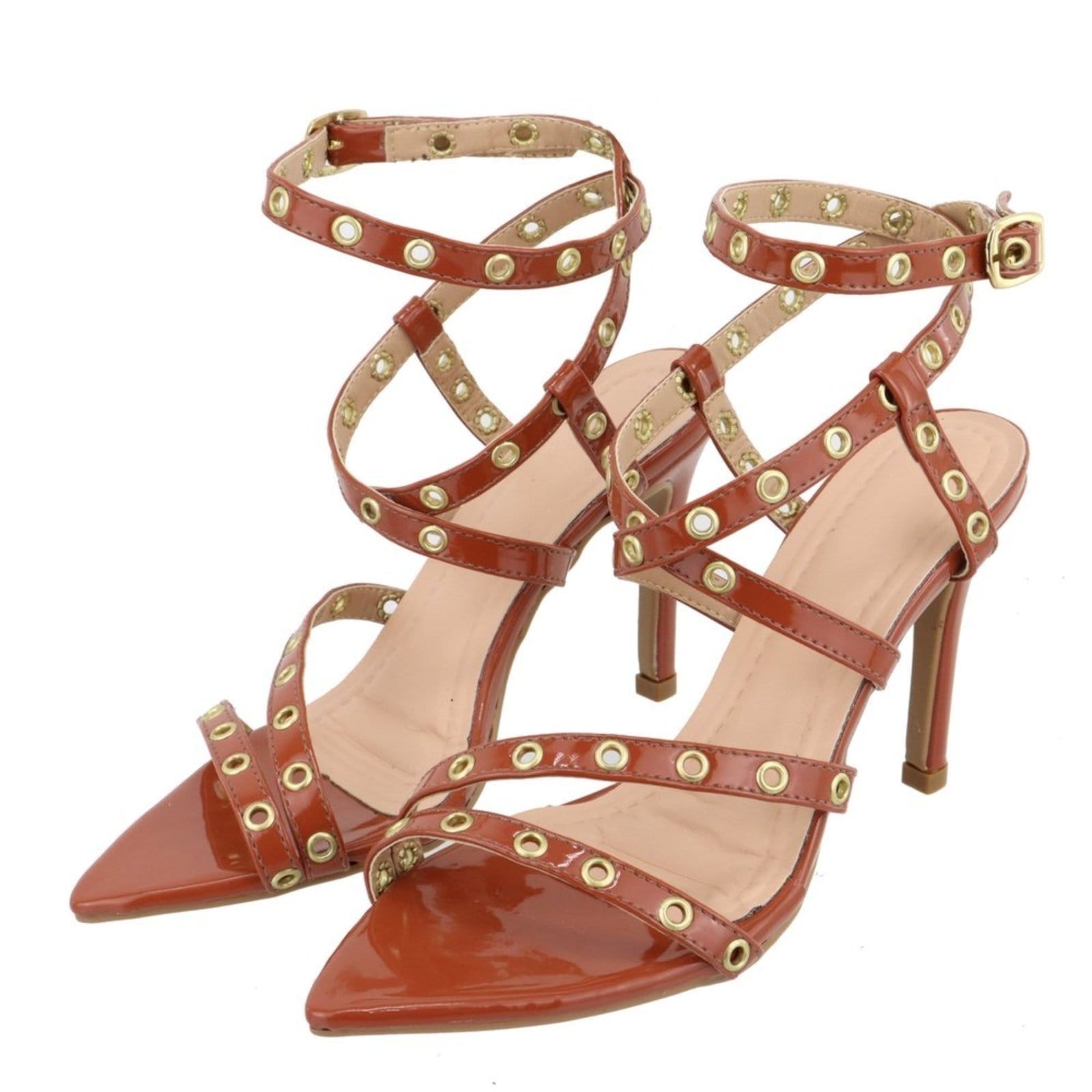 Vista 2 Sandália Feminina Salto E Bico Fino 6019 Napa Canela Flor da Pele caramelo