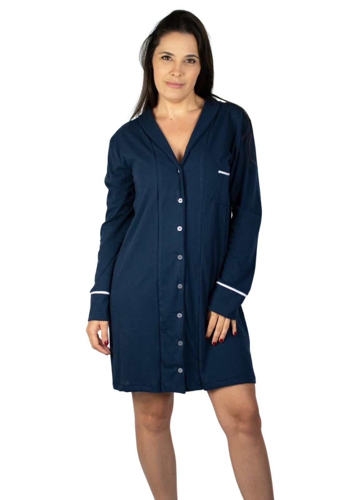 Camisola Algodão Feminina Americana Manga Longa com Botão Botões Inverno Adulto indicado Gestante Amamentação e Pós cirúgico - Marinho