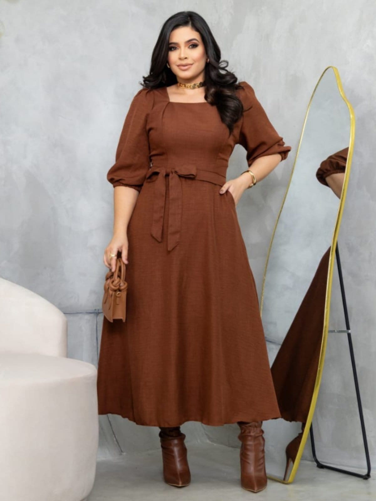 Vestido Midi Soltinho Manga 3/4 Elegante Social Moda Evangélica Rosa