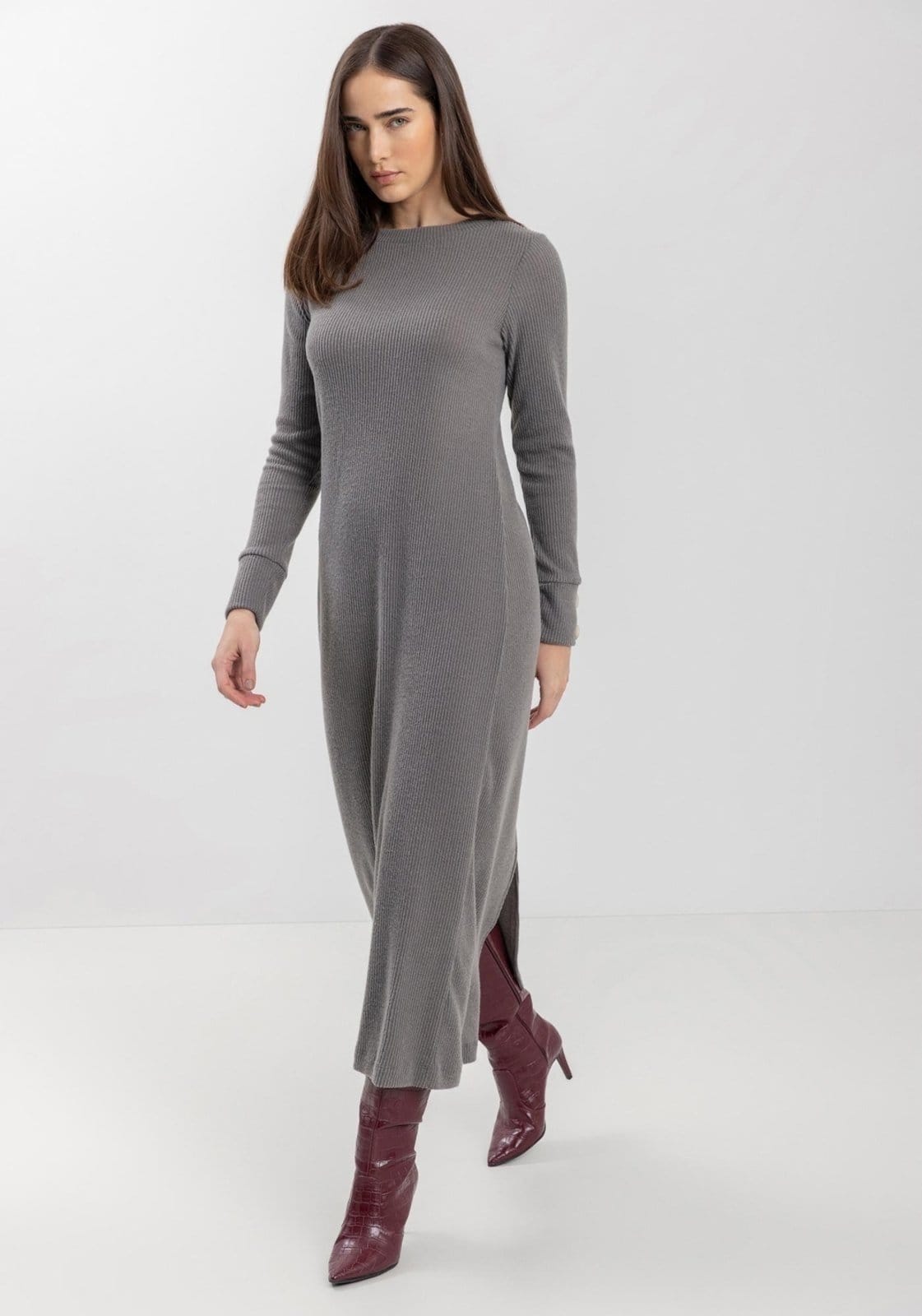 Vista 2 Vestido Lez a Lez Midi Chá De Mangas Longas Em Malha Canelada Lez a Lez poás