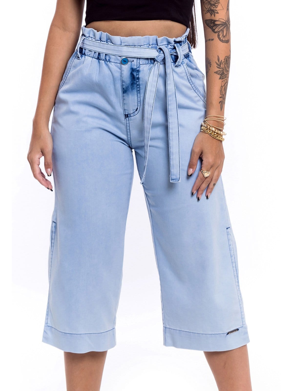 Bermuda Pantacourt Restrito Jeans Com Elástico Claro