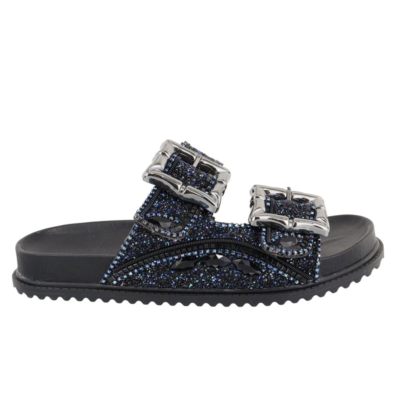 Vista 2 Papete Rasteira Feminina Paula B Em Pedraria Feita A Mão Com Brilhos Strass Miçangas E Fivela Pamilha Confort PAULA B preto