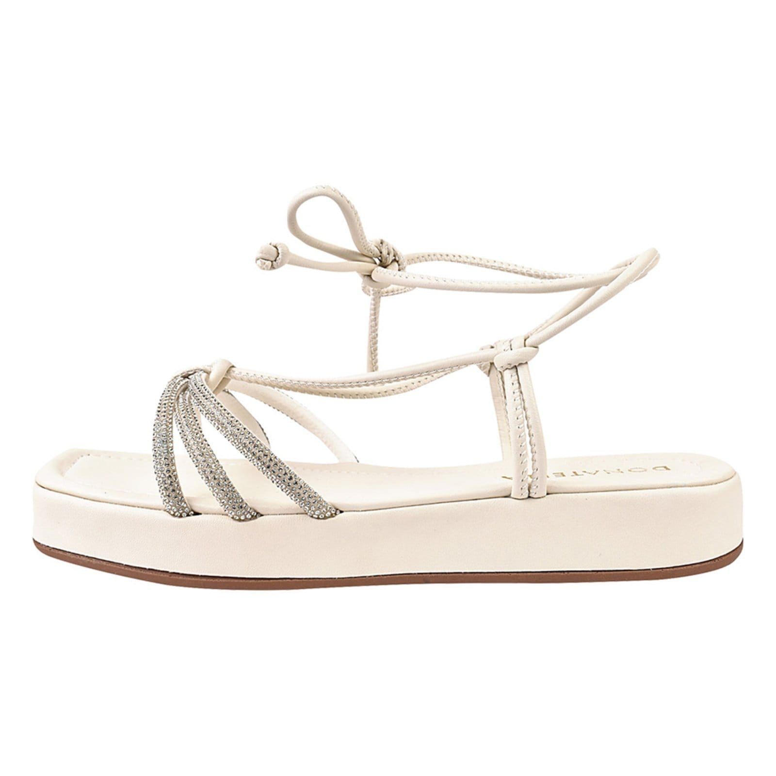 Vista 2 Sandalia Feminina Anabela Plataforma Donatella Shoes Brilho Strass Amarrar Salto Reto Monte Shoes branco