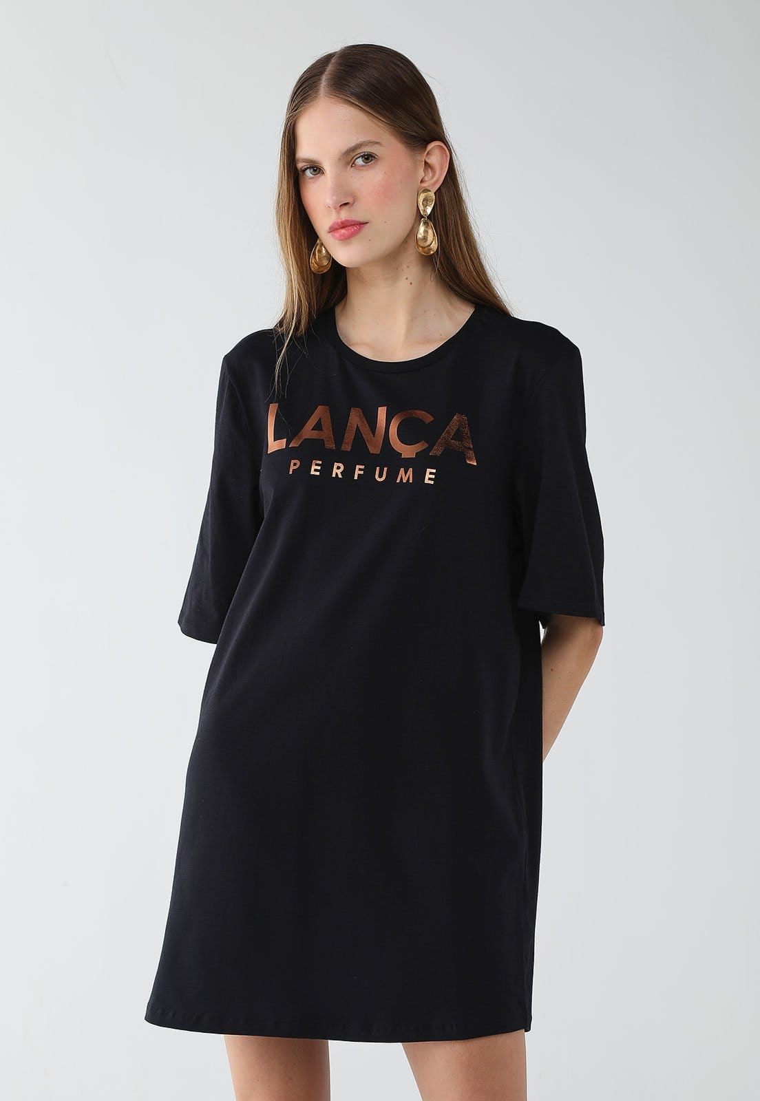 Vista principal Vestido Feminino Lança Perfume T-Dress Logo Metalizado Lança Perfume preto