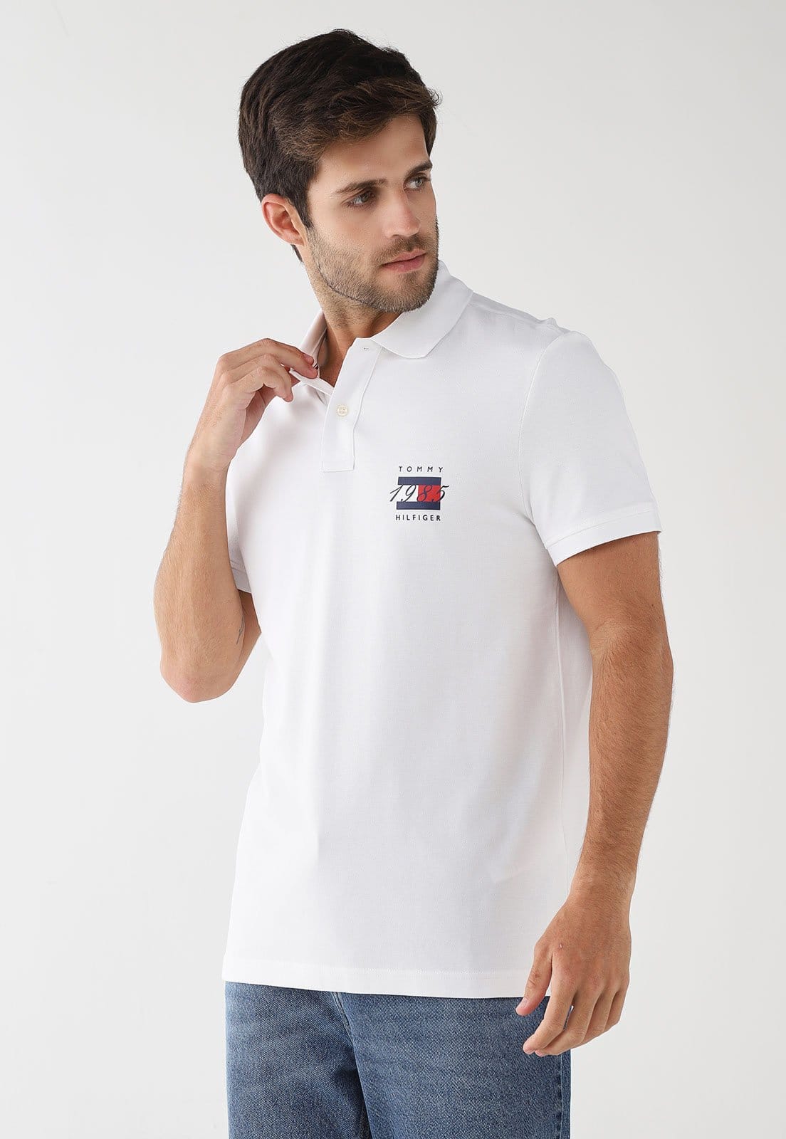 Vista principal Camisa Polo Masculina Tommy Hilfiger Mercerized Pique Branca Tommy Hilfiger branco