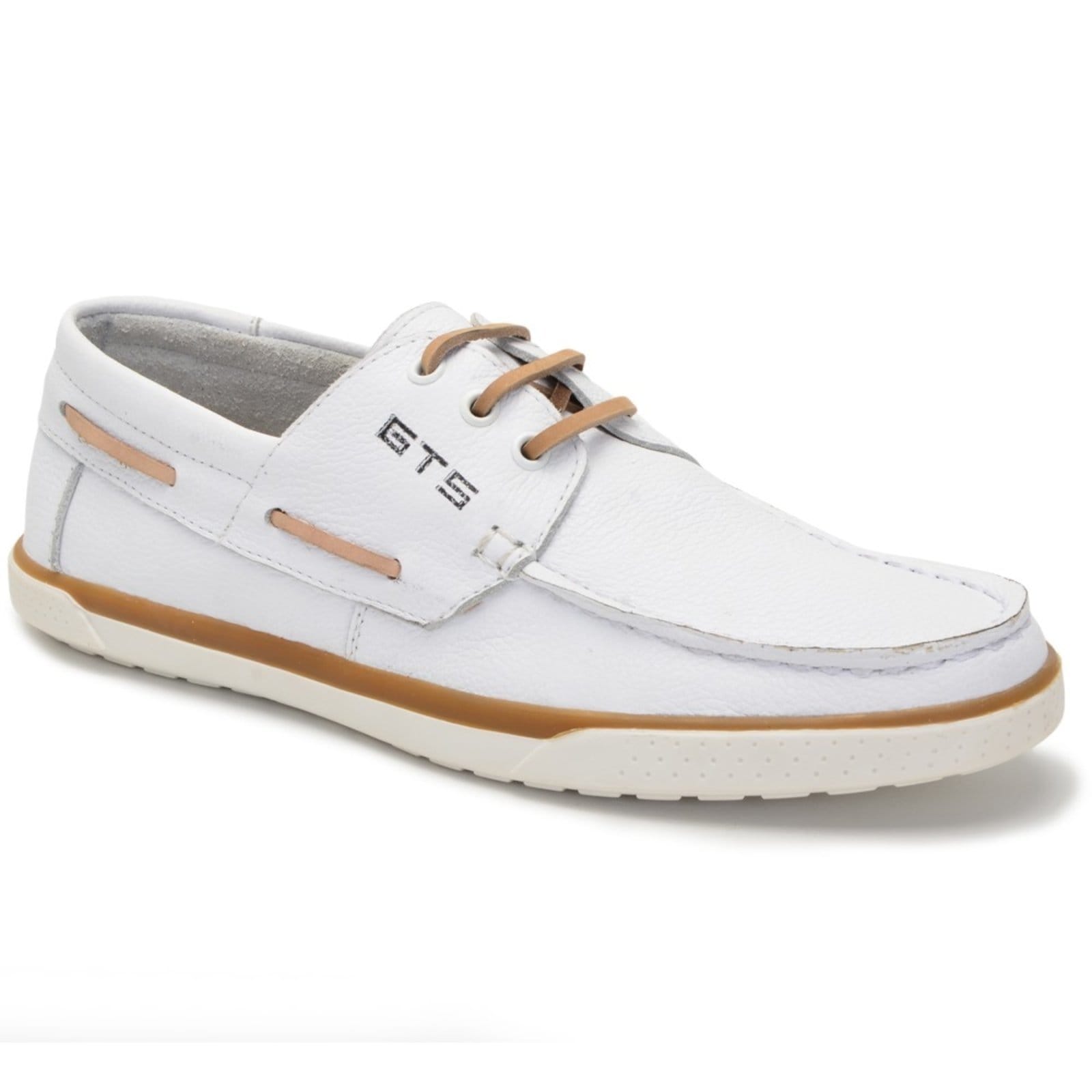 Vista 2 Mocassim Docksider Couro Masculino Casual Conforto Costurado À Mão Cadarço Reforçado Bege FRANCA GRIFFE branco