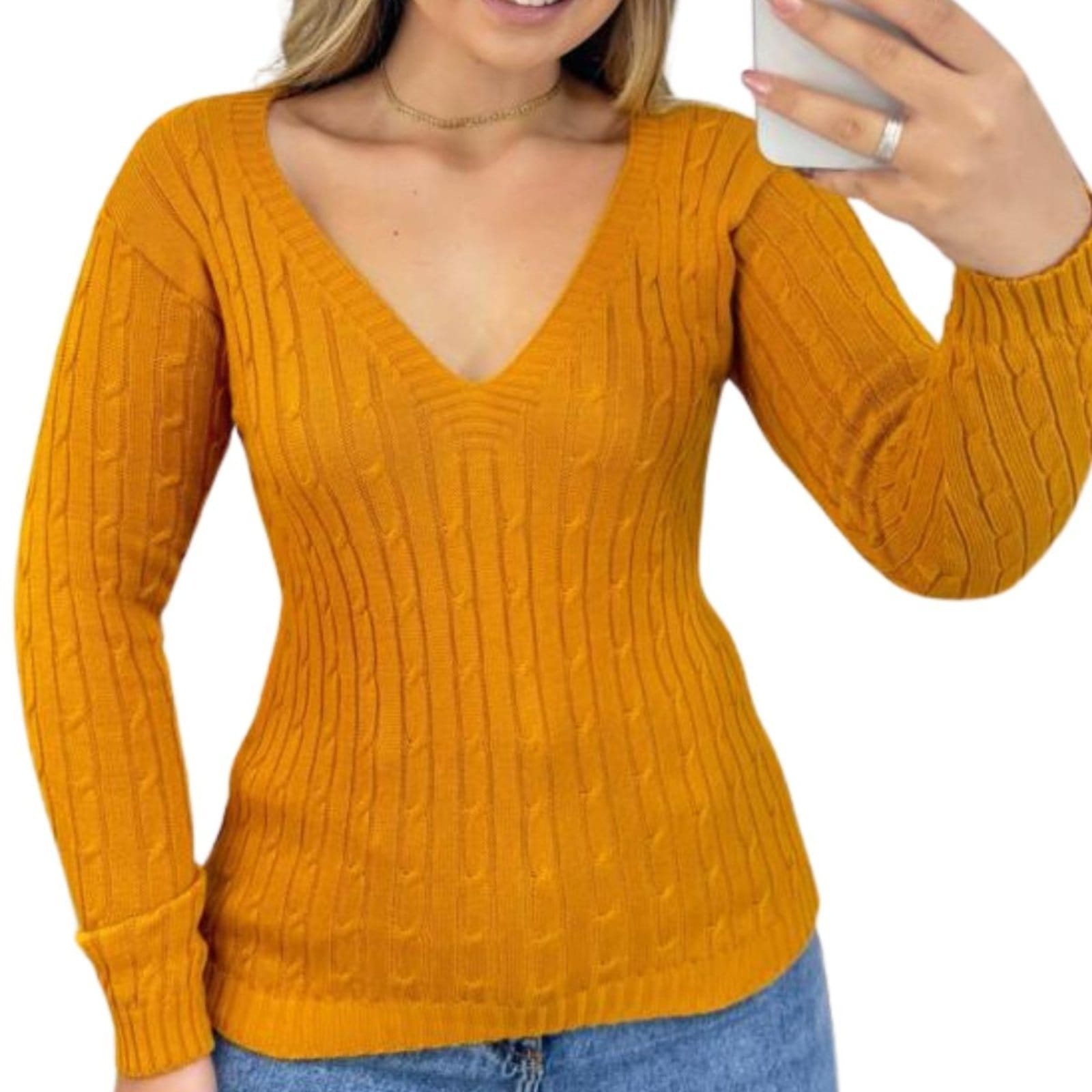 Blusa Feminino FMF Suéter de Tricô Mostarda Manga Longa - 2