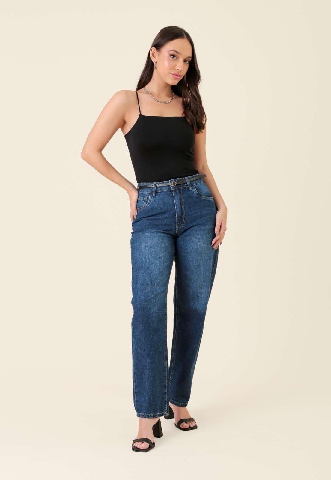 Vista principal Calça Pop Me Mom Jeans Com Cinto Escuro Pop Me azul