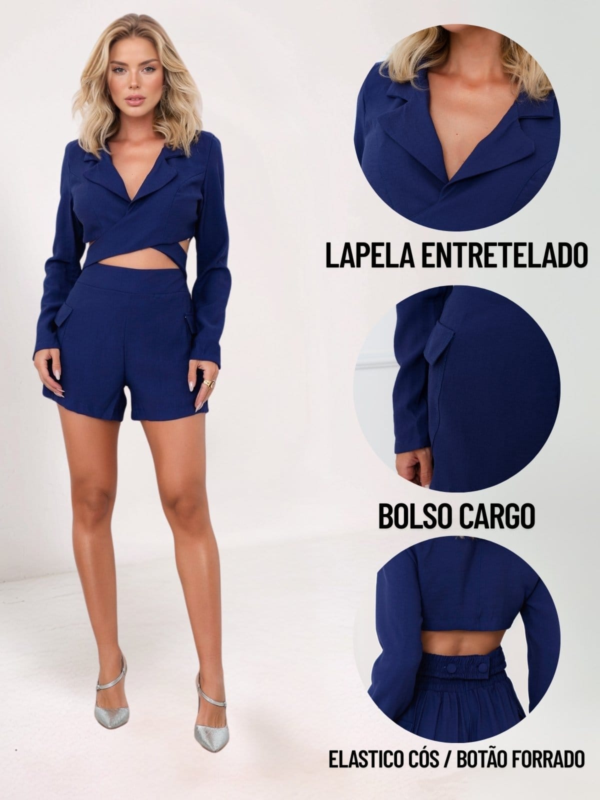 Vista 2 Conjunto Feminino Tropical Fashion Cropped Manga Longa e Shorts Alfaiataria TROPICAL FASHION azul marinho