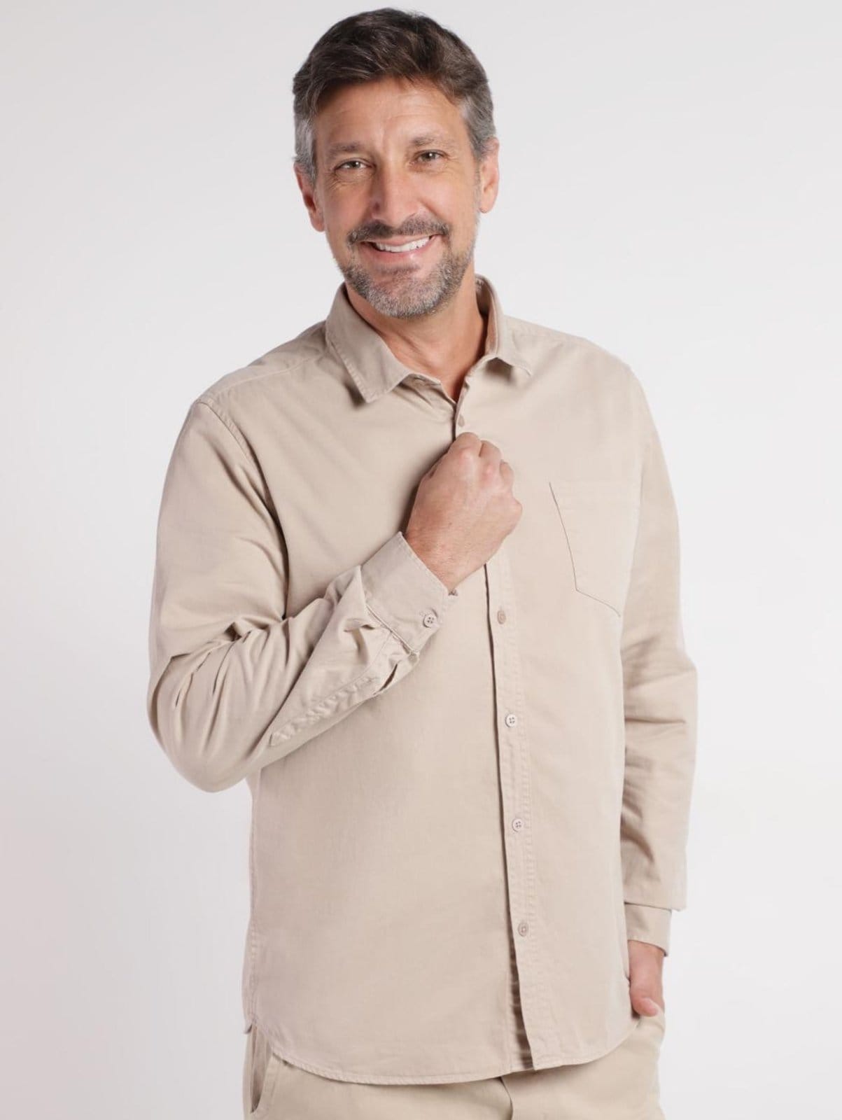 Vista principal Camisa Sarja Manga Longa Vels Masculina Vels bege