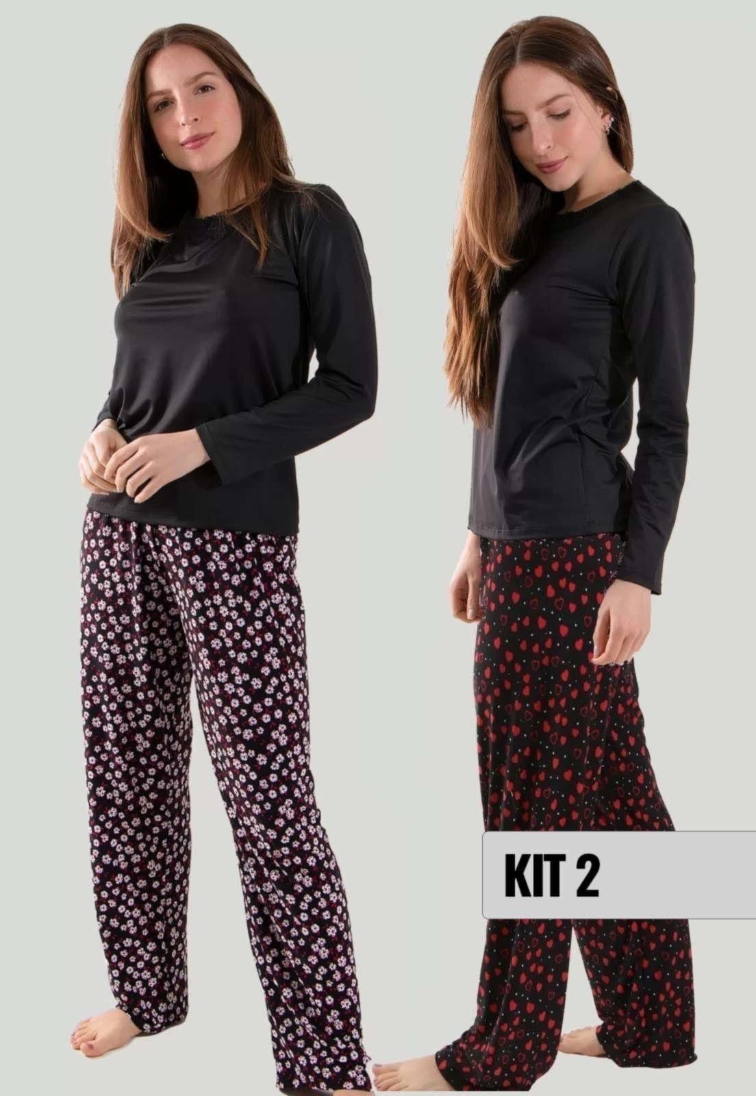 Vista principal Kit Com 02 Pijamas Manga Longa Inverno Liganete Calça Estampada Linha Noite preto